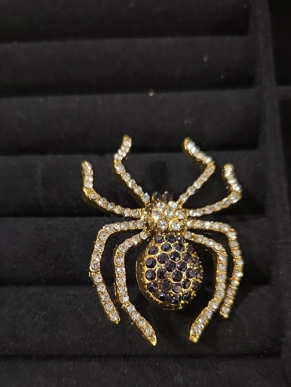 Gold and Black Rhinestone Spider Brooch - Women's Fashion Jewelry